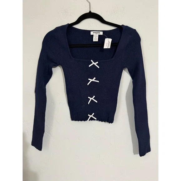 RSQ Navy Blue Ribbed Square Neck Long Sleeve Cropped Sweater Small - Picture 1 of 4